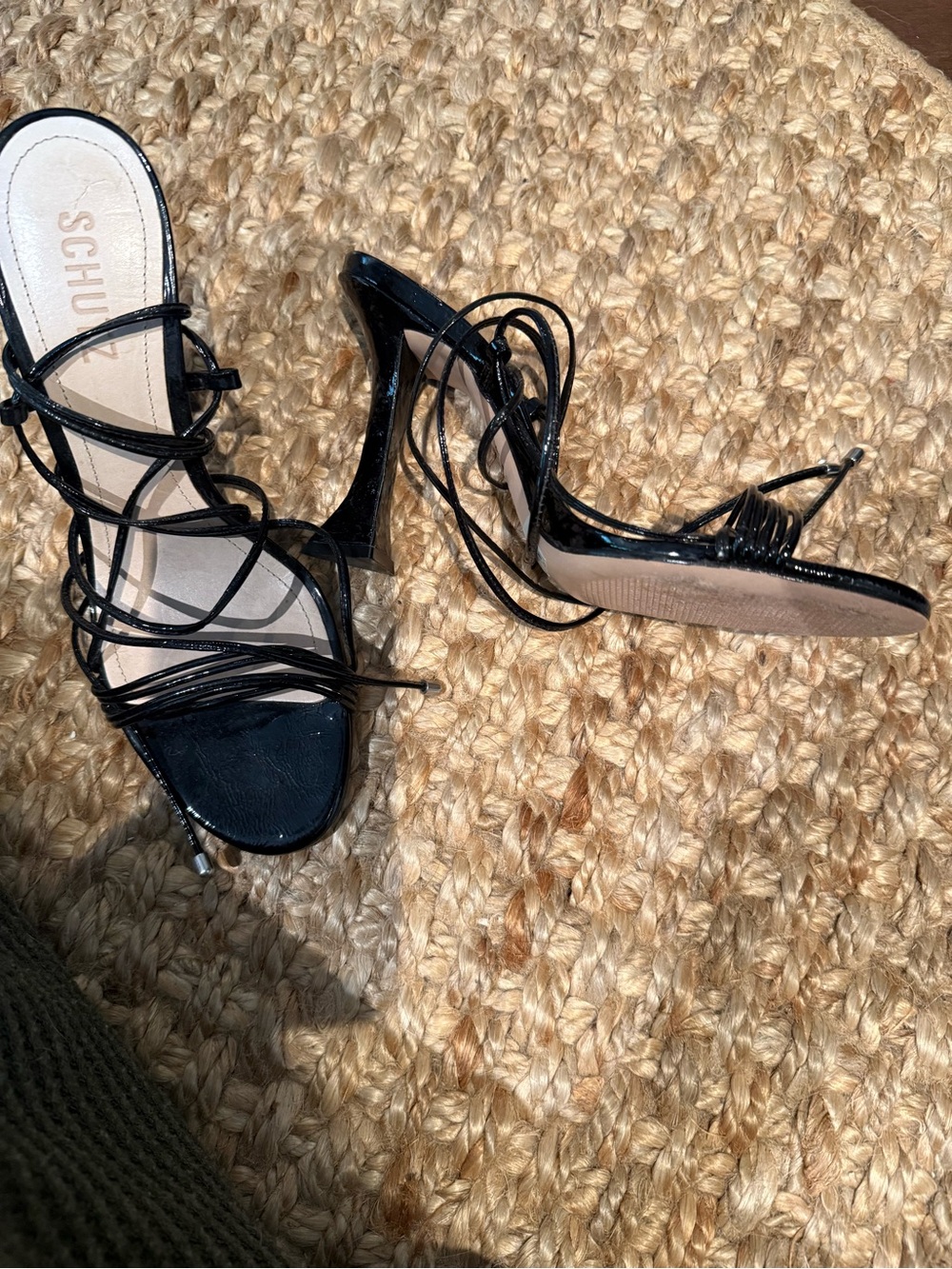 SCHUTZ Black Patent Lace-Up Strappy Stiletto Sandals